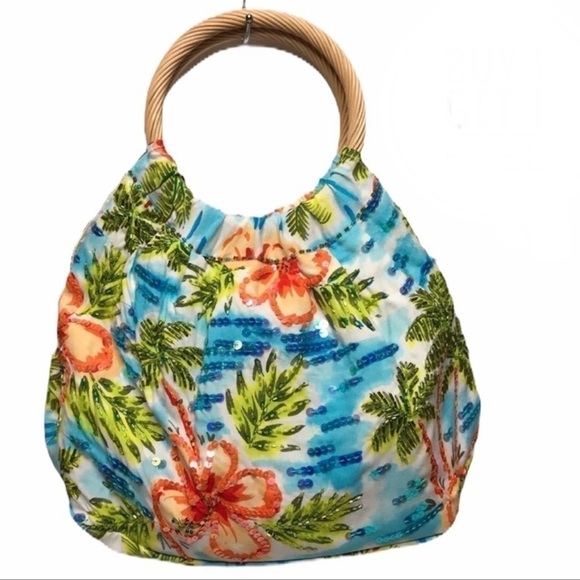 USINDO Indonesia Aqua/Orange Tropical Print Clutch - Picture 1 of 12